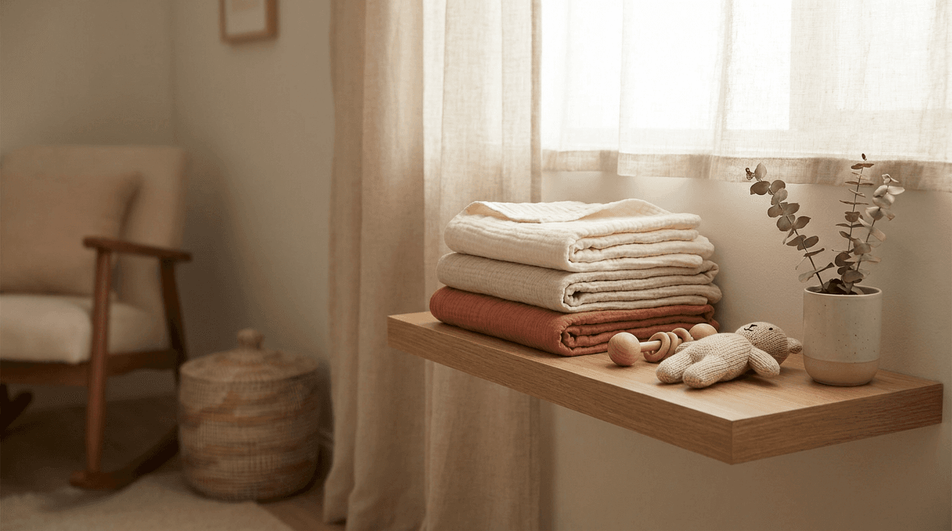A calm nursery corner: folded muslin blankets in warm cream and clay tones on a wooden shelf, soft daylight through a sheer curtain.